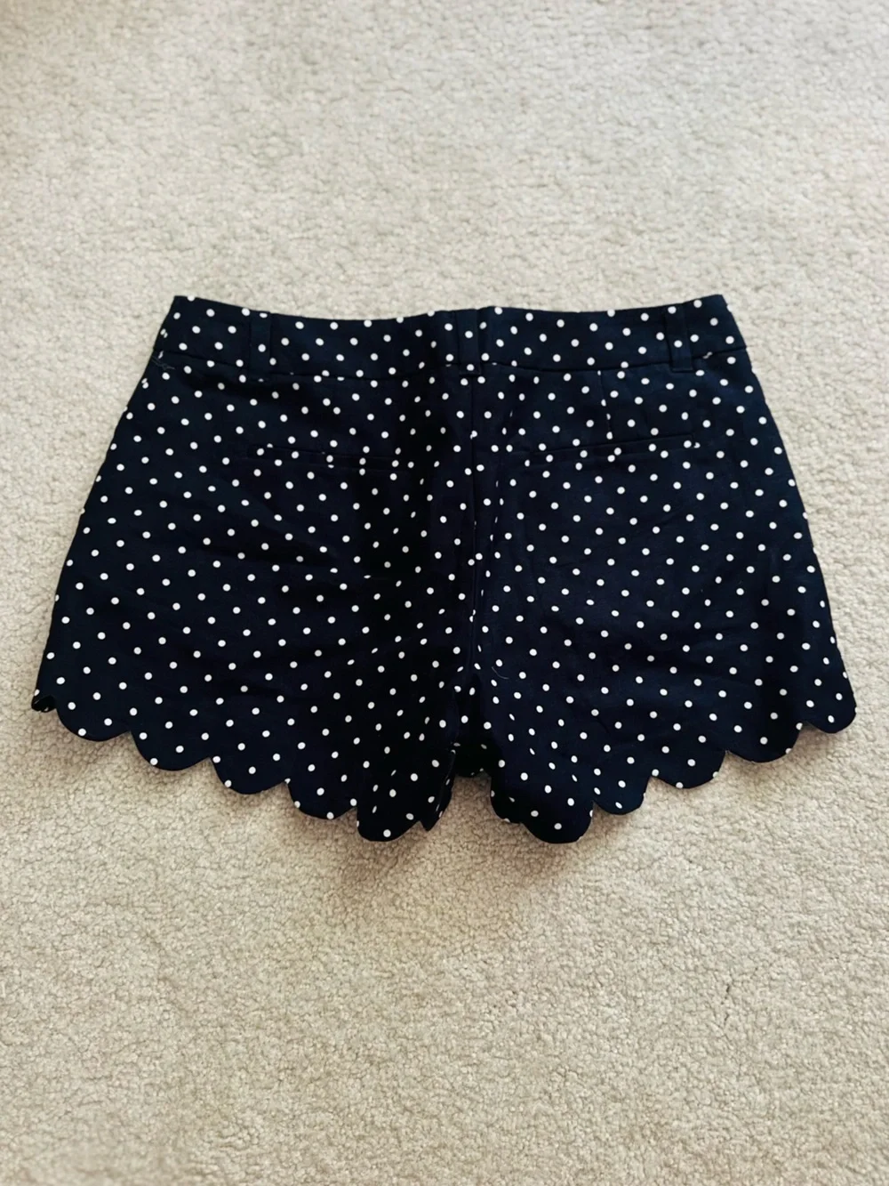 J. Crew Scalloped Hem Polka Dot Printed Navy Blue White Linen Cotton Mini Shorts